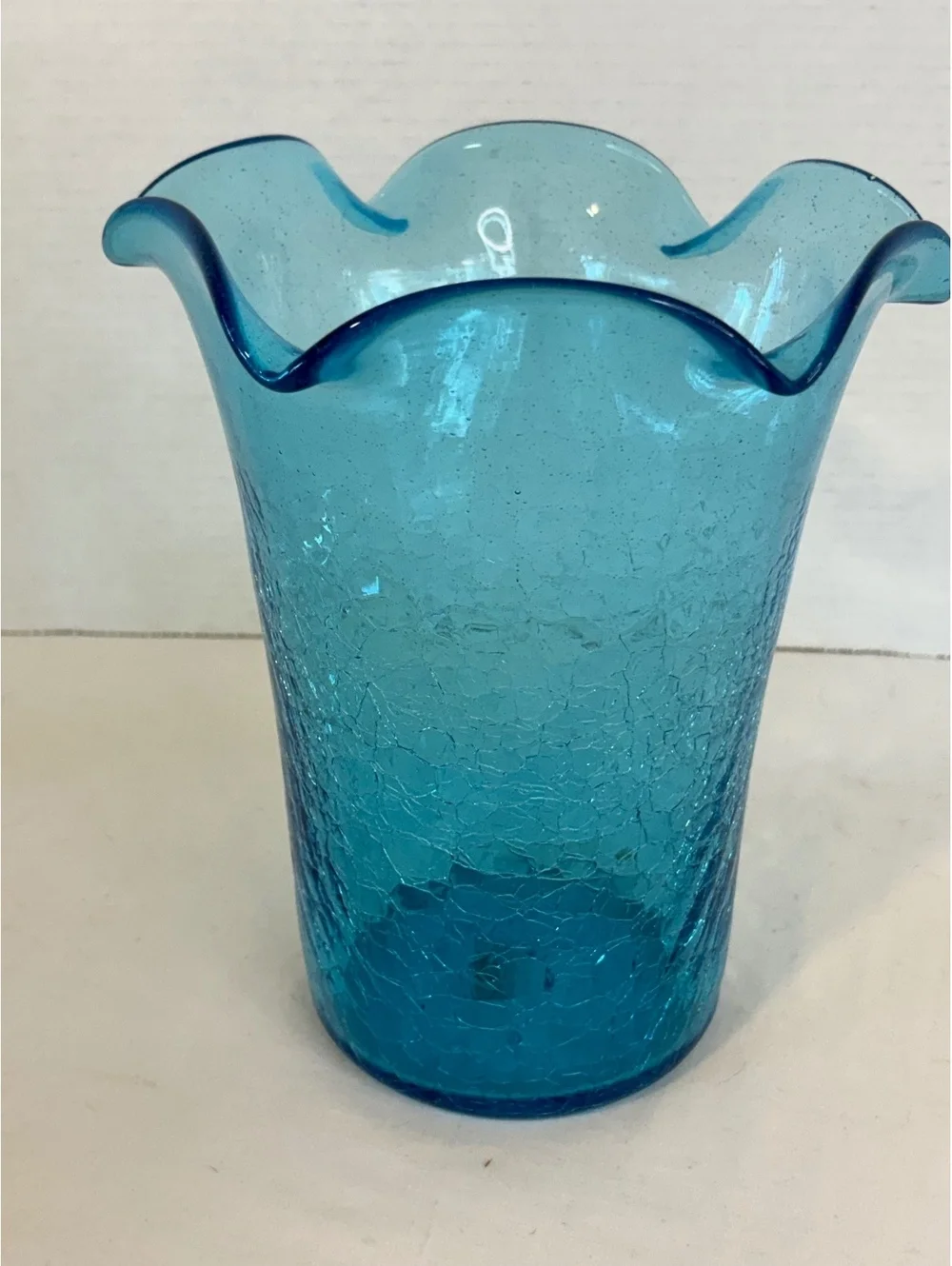 Vintage Blue Crackle Glass Ruffled Vase 9.5